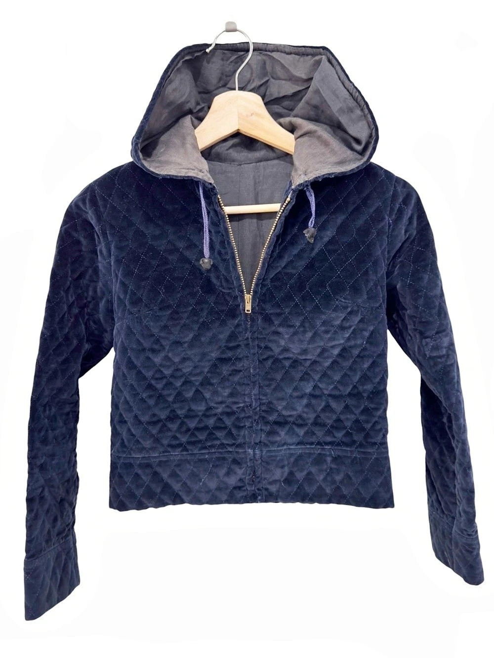 Vintage Little Kids Quilted Velour Hooded Jacket in Navy Blue Zip TALON tags